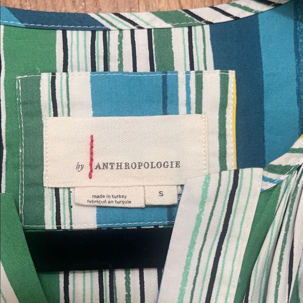 Anthropologie Striped Short-Sleeve Tiered Dress in Green, Blue & Yellow - Picture 2 of 3